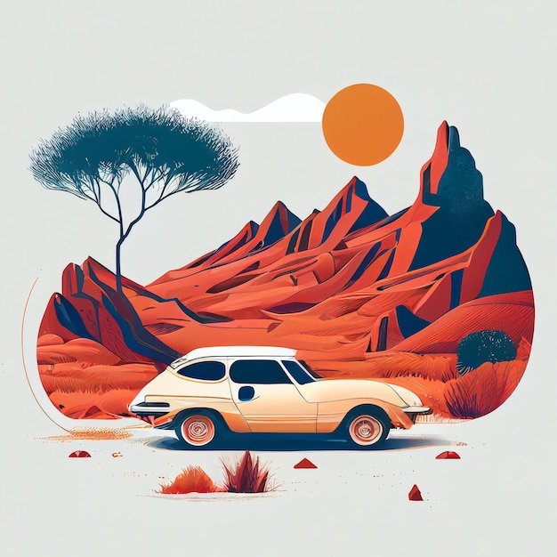 Illustration of minimalist sport car on landscape background Created with Generative AI technology