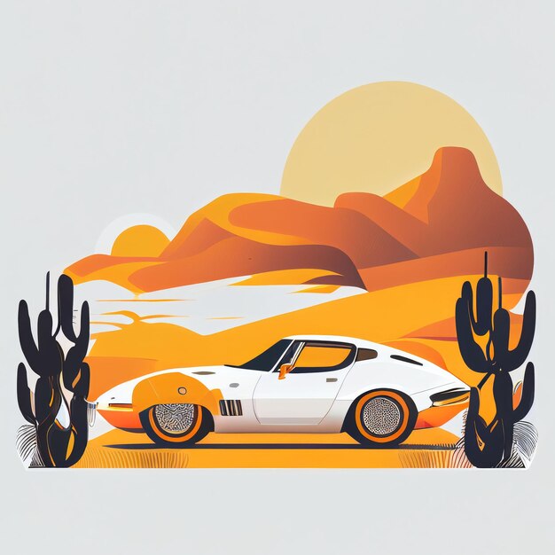 Photo illustration of minimalist sport car on landscape background created with generative ai technology