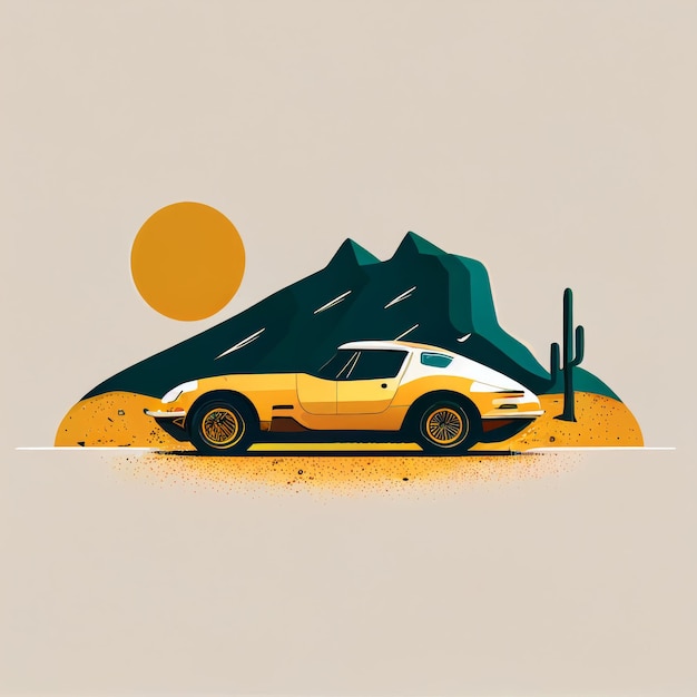 Photo illustration of minimalist sport car on landscape background created with generative ai technology