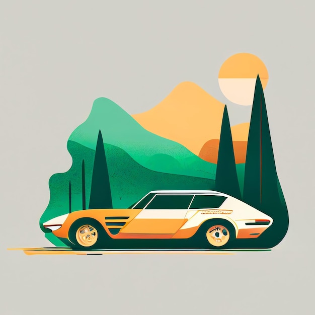 Photo illustration of minimalist sport car on landscape background created with generative ai technology