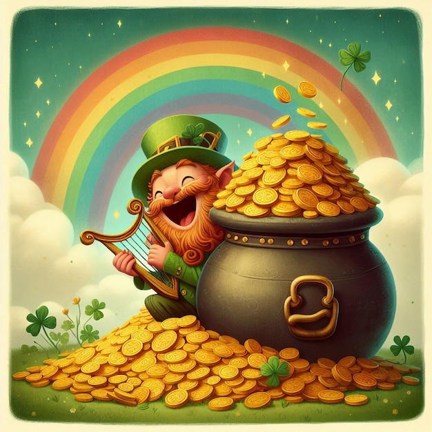 Illustration of a mischievous leprechaun peeking out from behind a giant pot full of gold coins