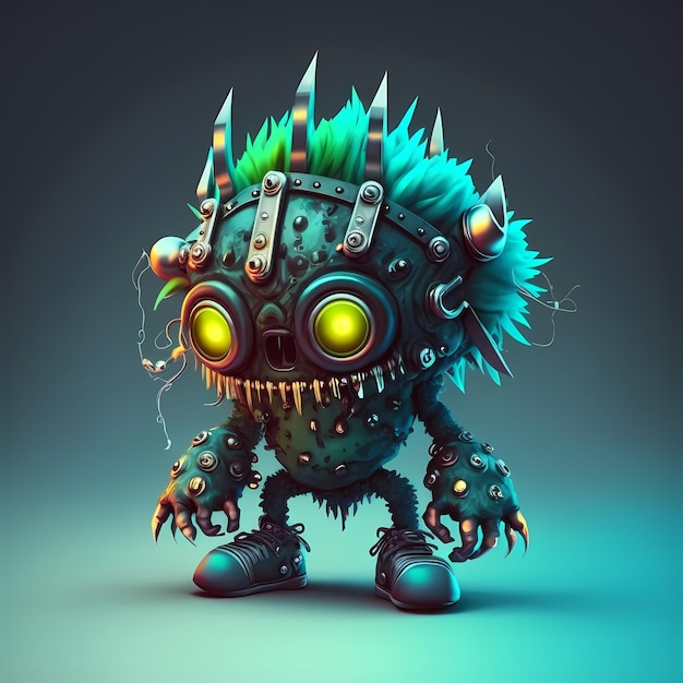 Illustration Of a a mix between cyberpunk and steampunk Monster 3D design with half robot body parts