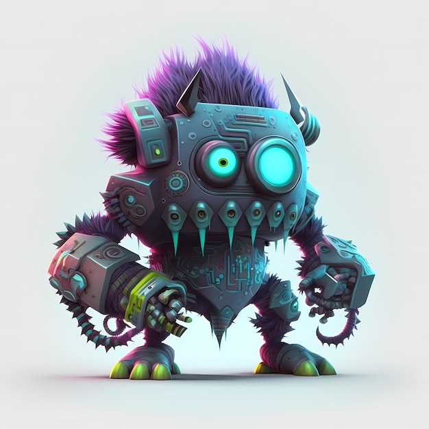 Photo illustration of a a mix between cyberpunk and steampunk monster 3d design with half robot body parts