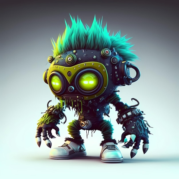 Illustration Of a a mix between cyberpunk and steampunk Monster 3D design with half robot body parts