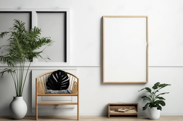 Illustration of mock poster frame on white wall with wooden rack