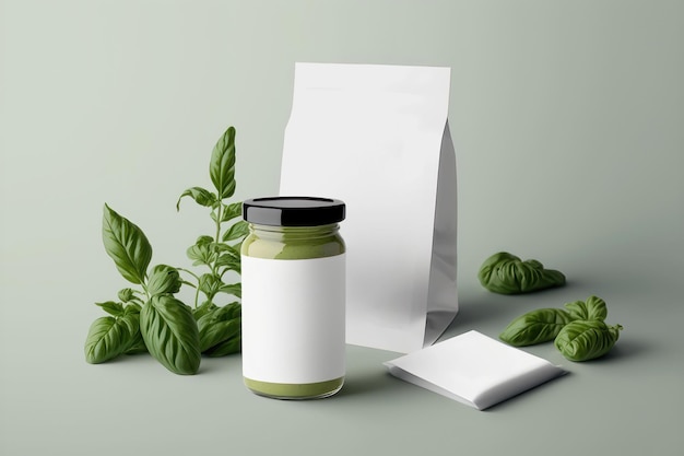 Illustration of a mockup jar of basil pesto Generation AI