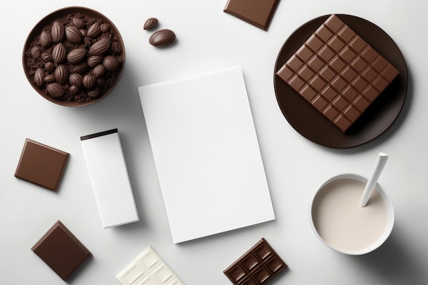 Foto illustrazione di una scena mockup con cioccolato ed elementi di branding generazione ai