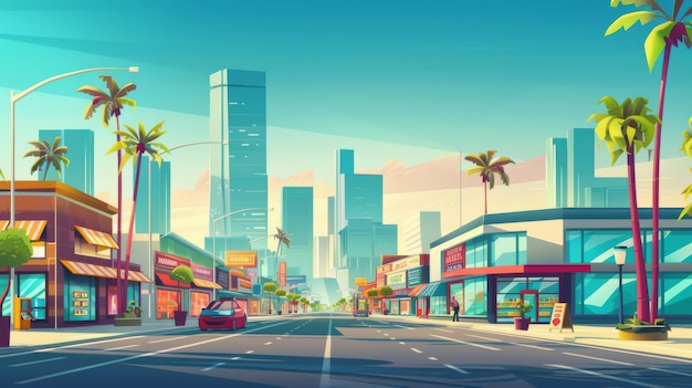 Illustration of modern city street with shops and road Modern illustration of cityscape buildings supermarkets restaurants hotels palm trees along roadside silhouettes of skyscrapers in the
