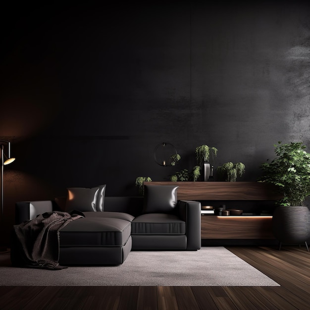 illustration of Modern dark home interior background wall mock up 3d