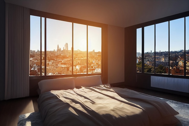 Illustration modern design interior bed with panoramic windows and city view