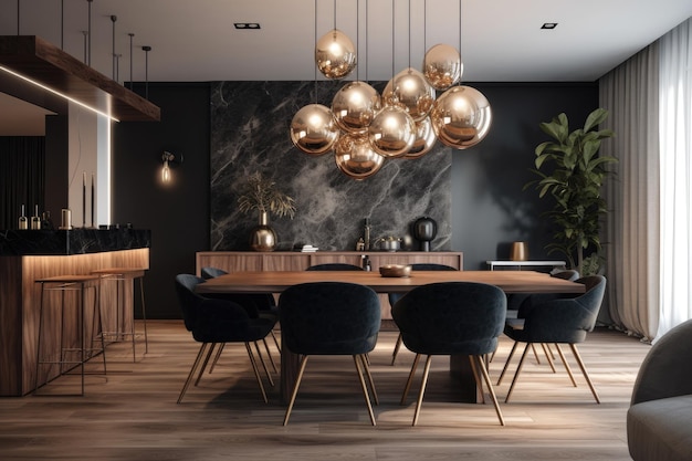 Illustration of modern dining room with a sleek marble accent wall Generative AI