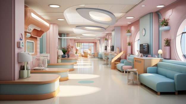 An illustration of a modern hospital interior with pink and blue walls and furniture