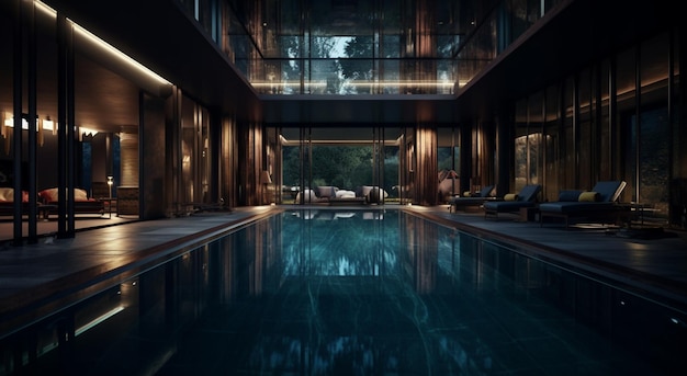 Иллюстрация современного дома с бассейном в роскошном стиле ночью