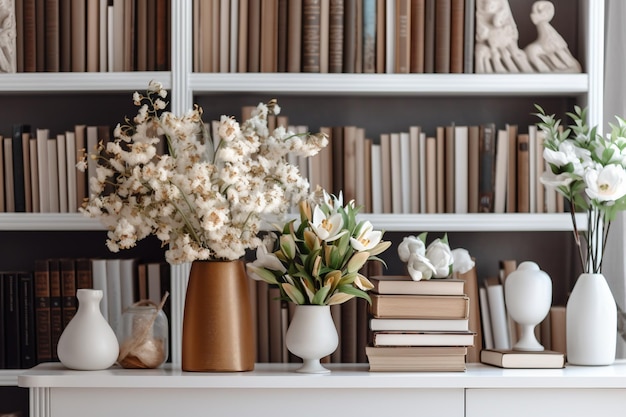 Photo illustration of modern interior bookshelf in cozy and warm style