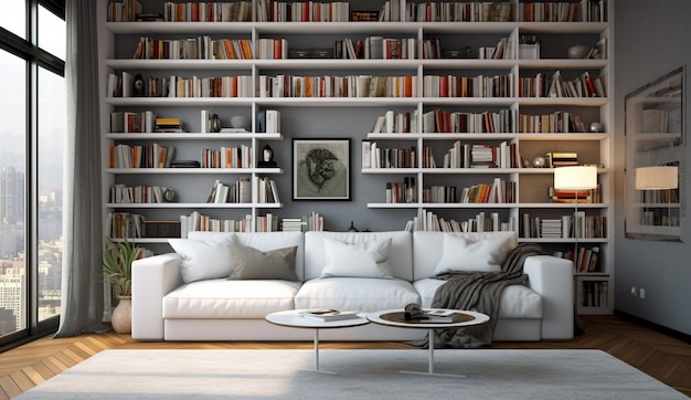 иллюстрация современного дизайна интерьера Читальный зал в уютном и теплом стиле