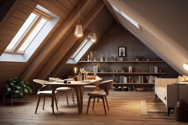 illustration of Modern interior design Triangle attic room in modern vintage style