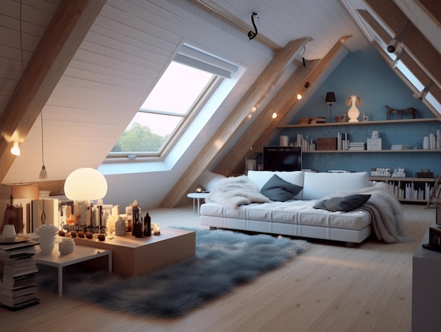 illustration of Modern interior design Triangle attic room in modern vintage style