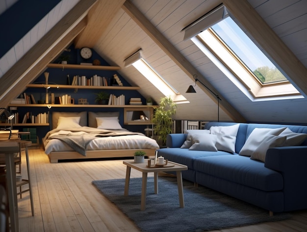 Photo illustration of modern interior design triangle attic room in modern vintage style