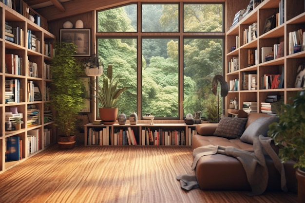 자연 스타일의 창 옆에 있는 현대적인 인테리어 독서실 그림