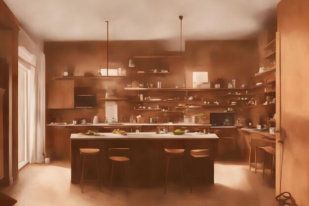 Illustration of modern kitchen in the house generative art by AI