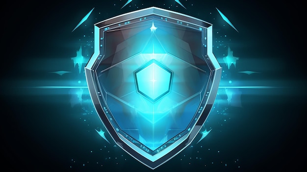 Illustration of modern low polygonal shield with glowing effect on blue backgrounds