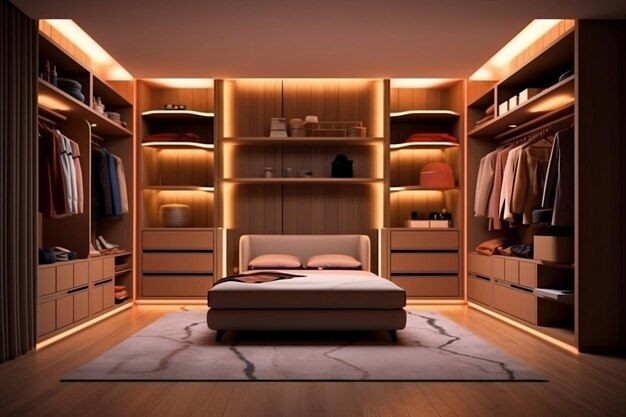 Illustration of a modern luxury brown wooden builtin walkin closet wardrobe Generative Ai