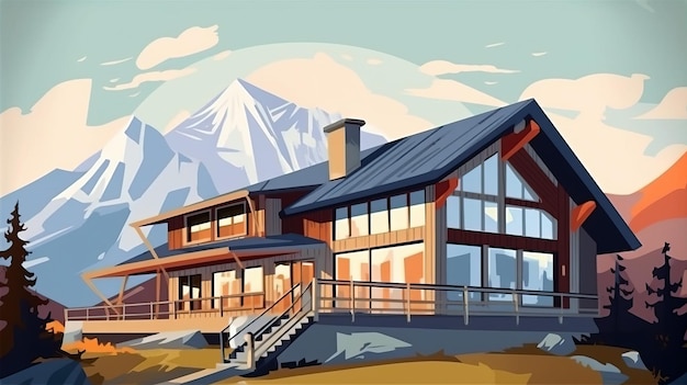 Illustration of modern private house in flat colors vector style