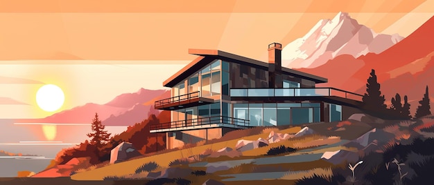 Illustration of modern private house in flat colors vector style