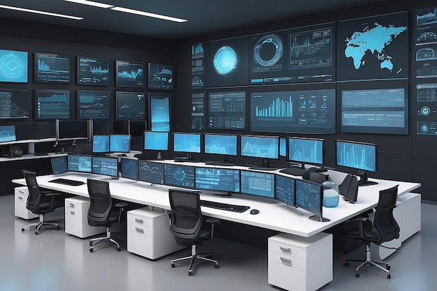 Illustration of a modern security system control room with multiple displays and monitoring room