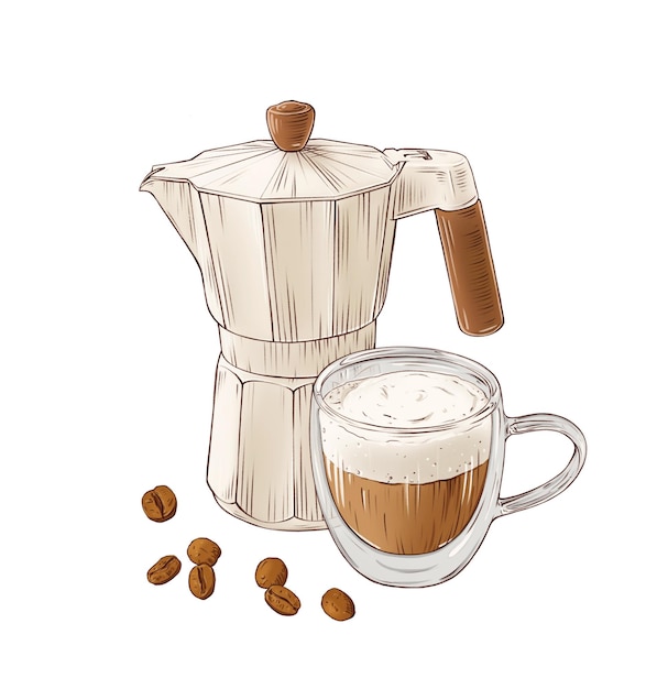 Photo illustration of moka pot cup of latte and coffee beans