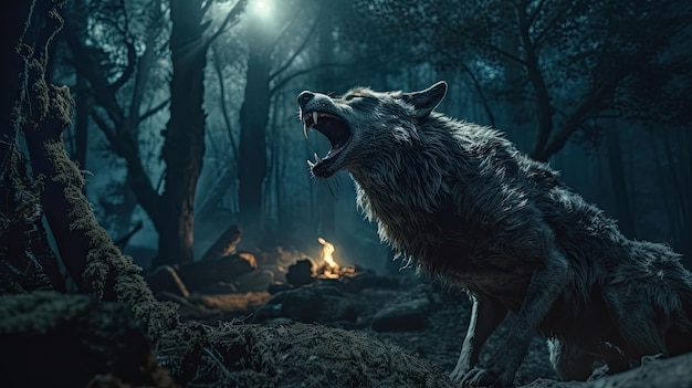 Illustration of a money wolf roaring at night with creepy