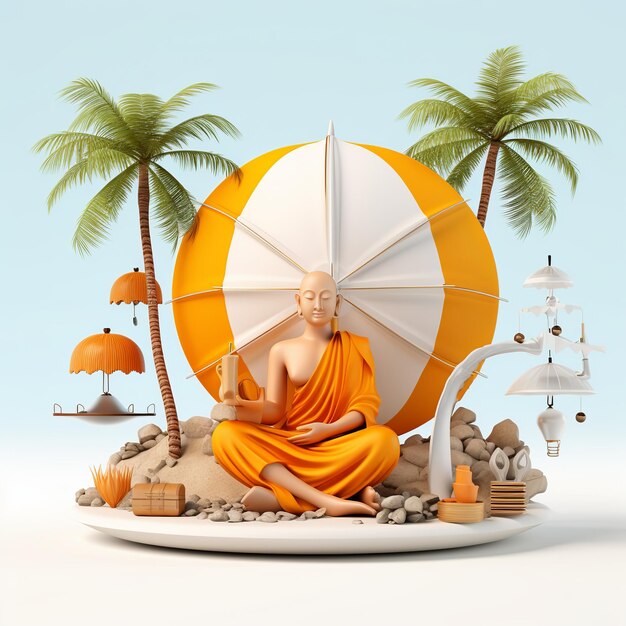 Illustration of monk buddha in summer sitting with umbrella on white