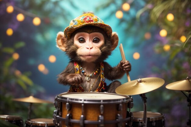 Photo illustration of a monkey above a big drum on a white background