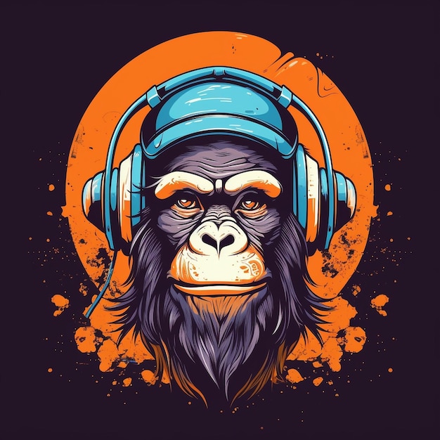 Illustration monkey headphones paint on colorful background