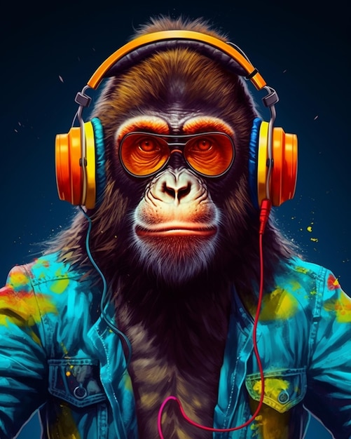 Illustration monkey headphones paint on colorful background