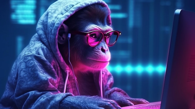 Illustration of a monkey wearing glasses working on a laptop