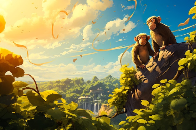 Illustration of monkeys near the banana plant in tropical forest