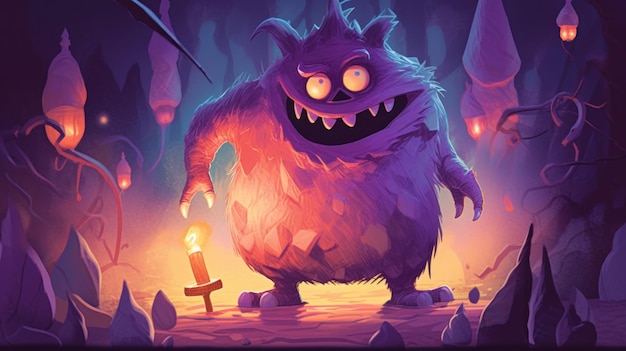 Illustration of a monster in shades of light purple Halloween