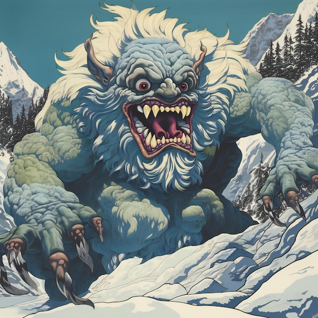Photo illustration of a monster with horns in the mountains cartoon