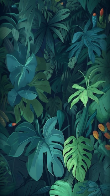 Illustration of monstera leaves in the jungle Colorful background