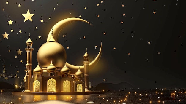 라마드 달을 환영하는 배경이나 배너를 위해 달, 별 및 모스크의 일러스트레이션