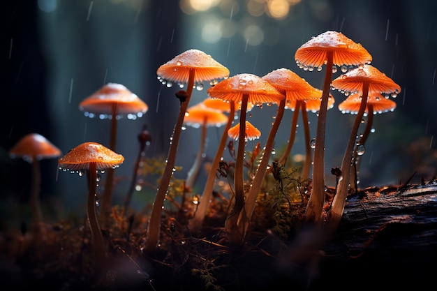 illustration of morning dew on glowing mushrooms