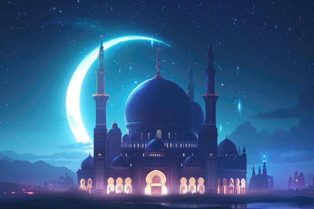 Illustration of a mosque on the background of the night sky with Crescent moon Eid Mubarak Islamic