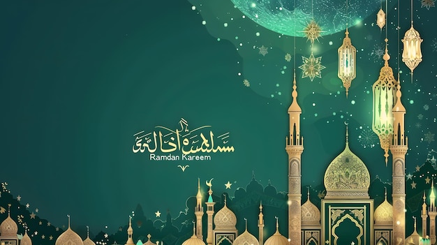 Illustration of mosque in bottom side green and gold with arabic themed font