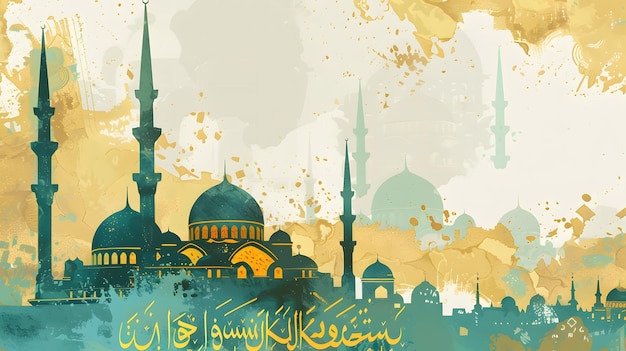 Illustration of mosque in bottom side green and gold with arabic themed font