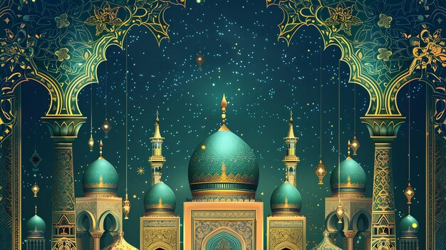 Illustration of mosque in bottom side green and gold with arabic themed font