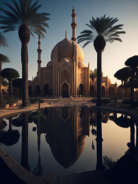 Illustration of a mosque at night with a beautiful reflection in the water created with Generative AI technology