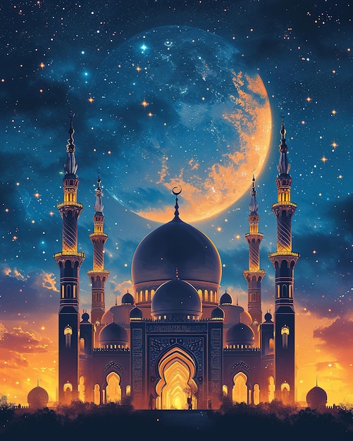 Illustration of mosque at night with full moon Ramadan Kareem background