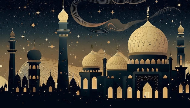 Illustration of a mosque stars and an Eid Mubarak greeting representing the celebration of faith during Ramadan and Eid Generative ai