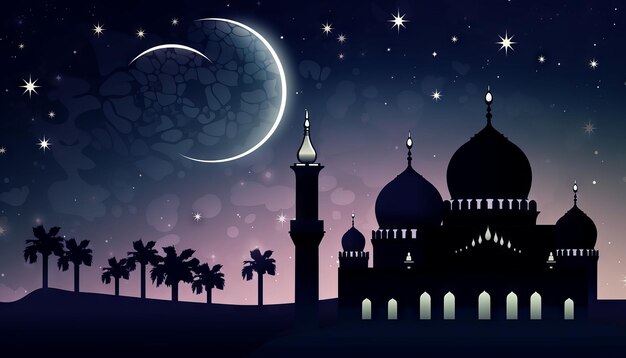 Illustration of a mosque stars and an Eid Mubarak greeting representing the celebration of faith during Ramadan and Eid Generative ai